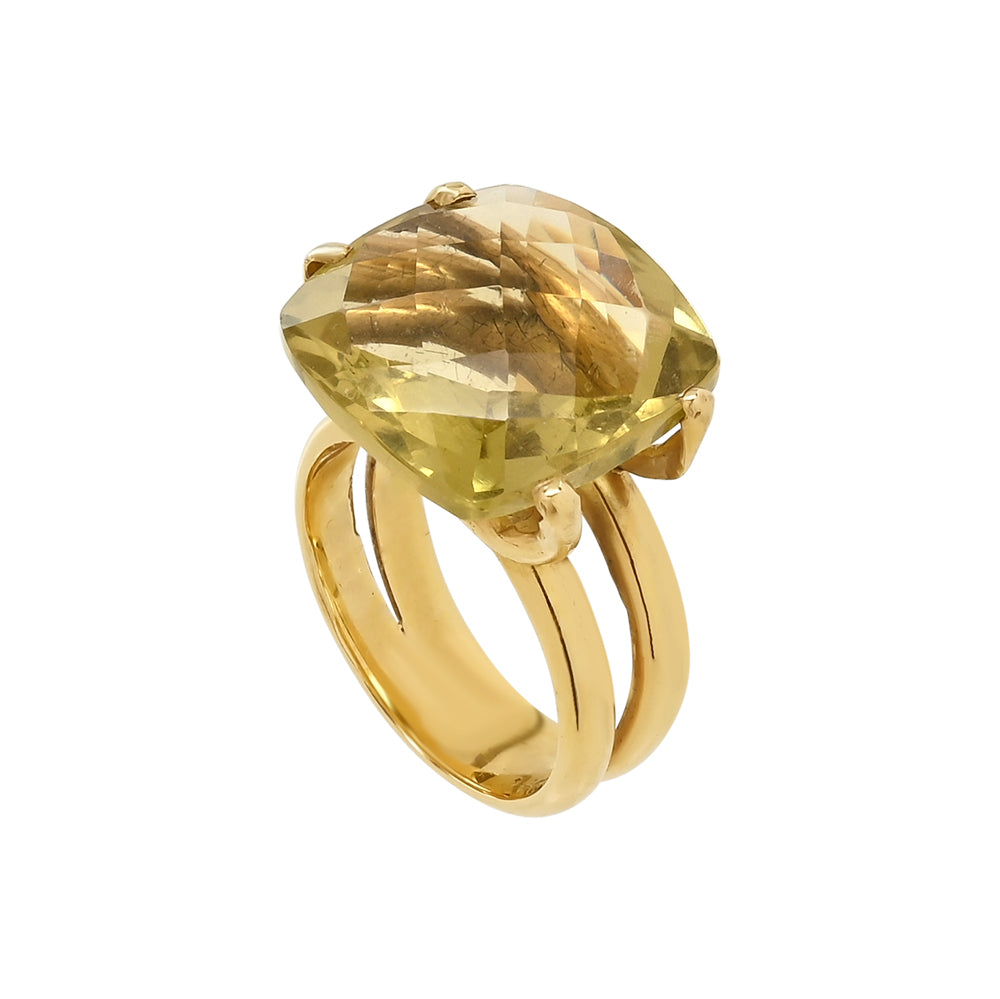 18k yellow gold ring with cushion "Green Gold" quartz