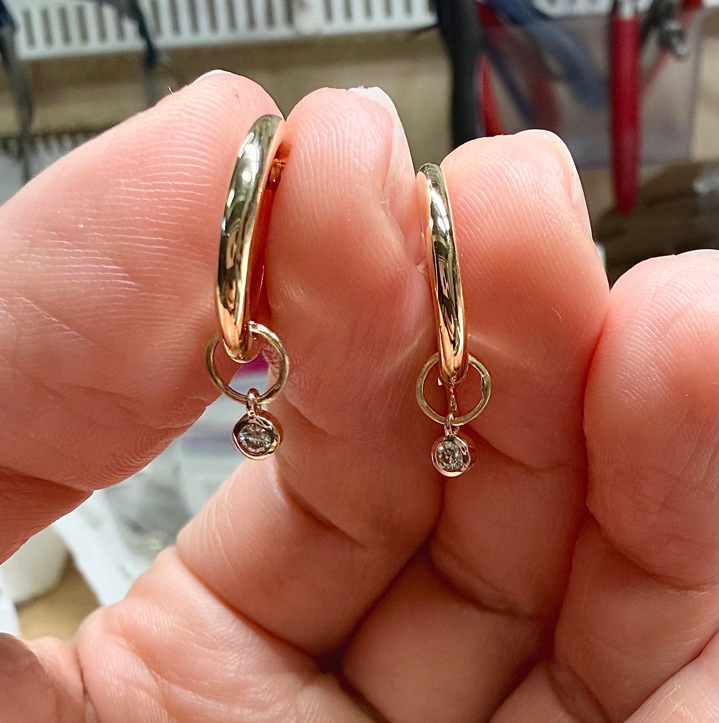 14k gold hoops with diamond charms